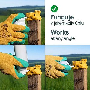 Ukázka aplikace koncentrátu na nosič PU pěna pro pachový ohradník, aplikace v jakémkoliv úhlu