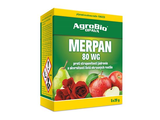 Postřik proti strupovitosti hrušní, jabloní i jiných jádrovin a proti skvrnitosti listů Merpan 80 WG