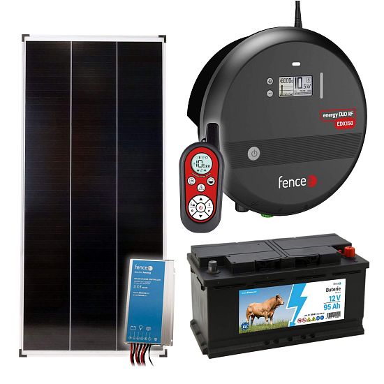 Sada solární elektrický ohradník, 15J zdroj a dálkový ovladač, panel 200 W, regulátor a baterie 95 Ah