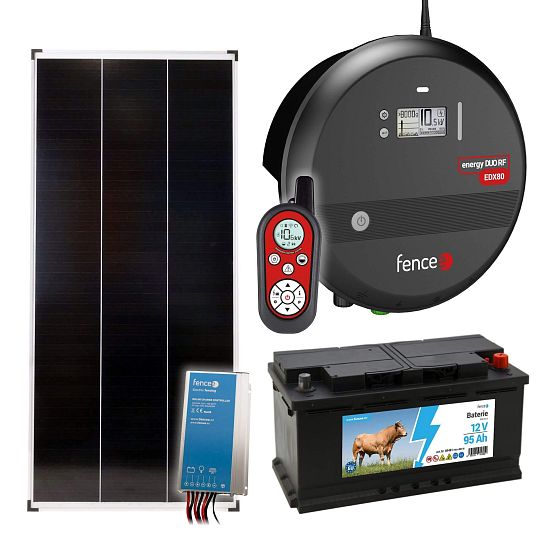 Sada solární elektrický ohradník, 8J zdroj s dálkovým ovladačem, panel 200 W, regulátor a baterie 95 Ah